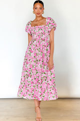 Pink Dainty Floral Smocked Puff Sleeve Flowy Long Dress Maxi Dresses JT's Designer Fashion