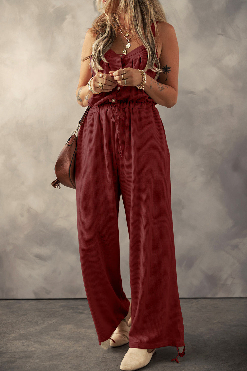 Red Dahlia Knotted Straps Button Textured Drawstring Jumpsuit Pre Order Bottoms JT's Designer Fashion