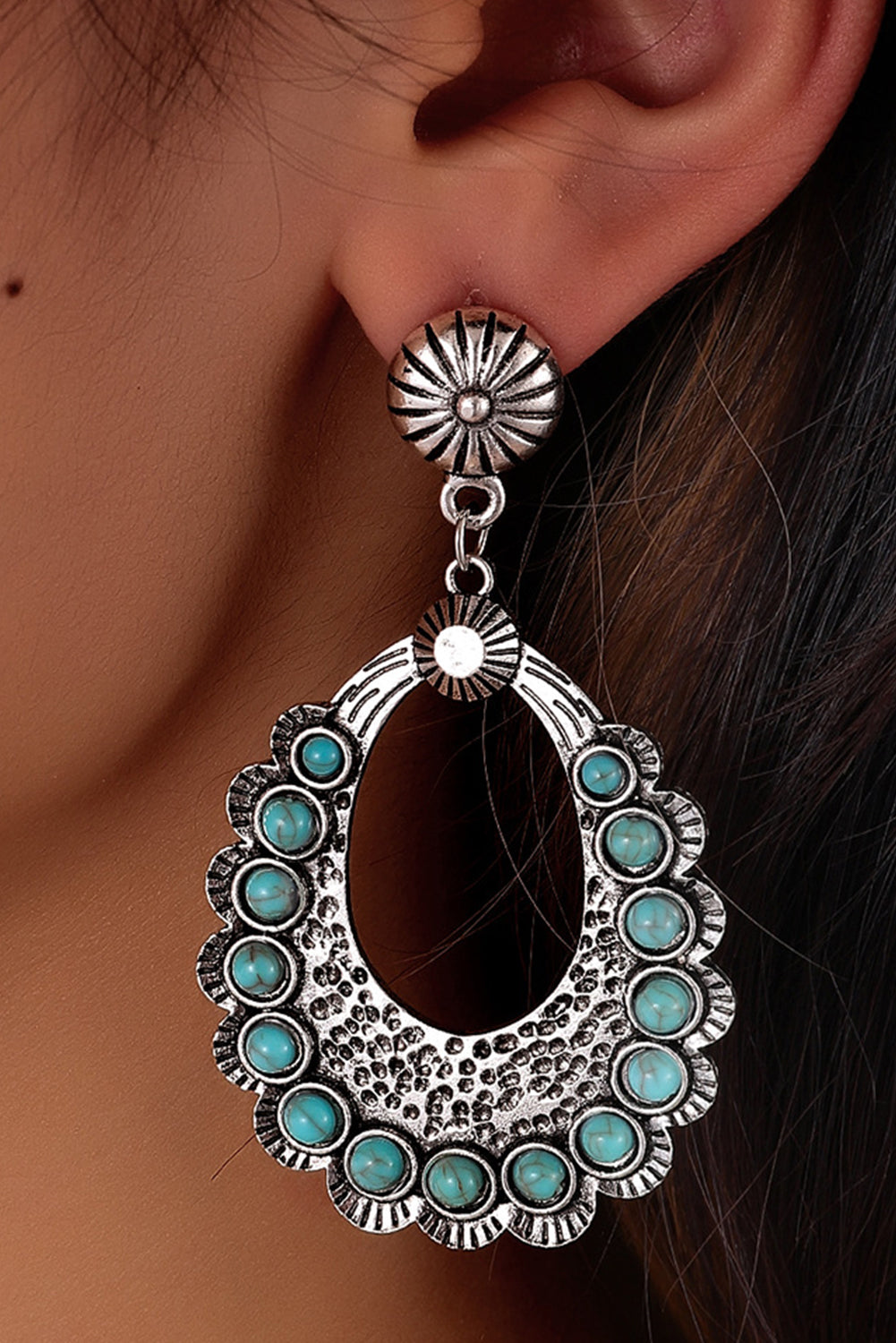 Silvery Western Turquoise Cut Out Stud Drop Earrings Jewelry JT's Designer Fashion