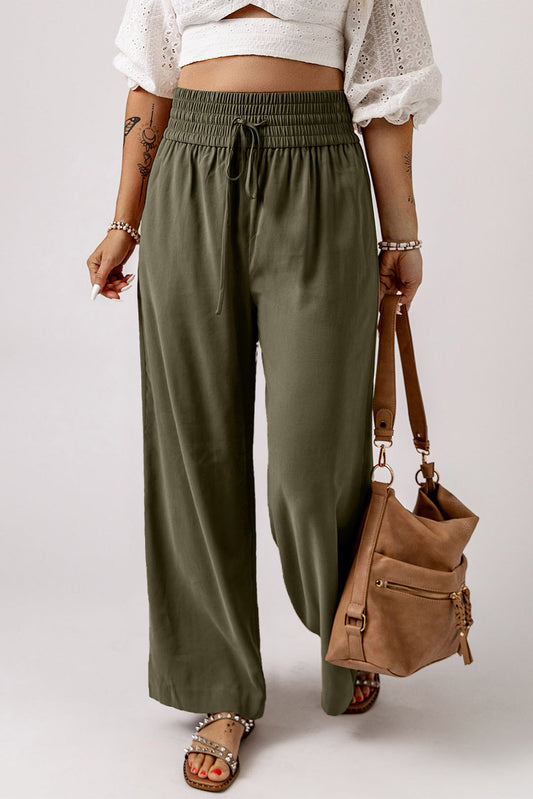 Green Brown Drawstring Elastic Waist Casual Wide Leg Pants Pants & Culotte JT's Designer Fashion