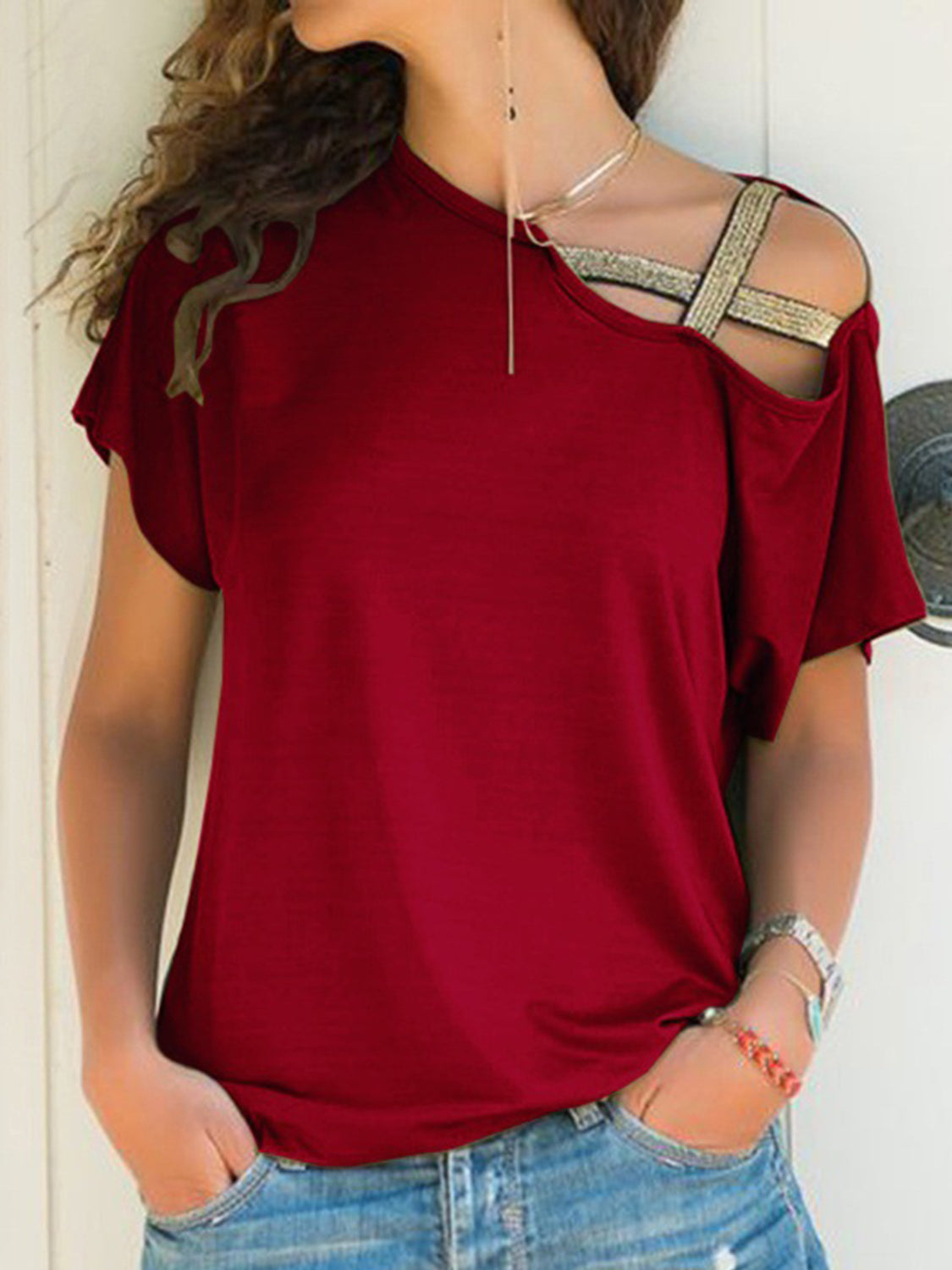 Asymmetrical Neck Short Sleeve T-Shirt Blouses & Shirts JT's Designer Fashion