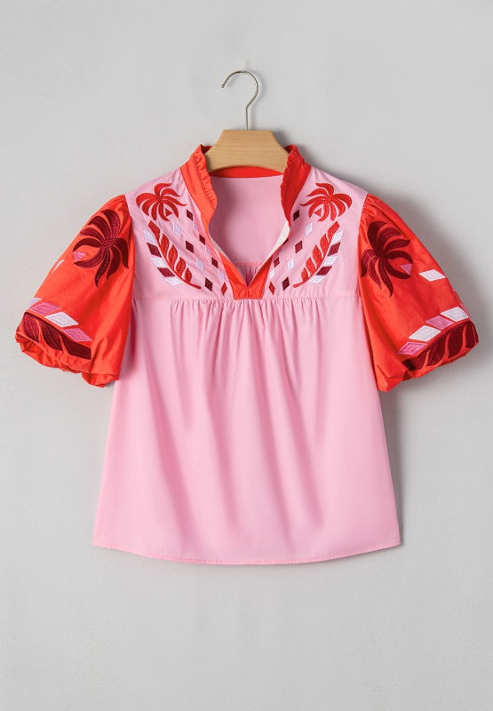 Embroidered Notched Short Sleeve Babydoll Blouse Long Sleeve Tops JT's Designer Fashion