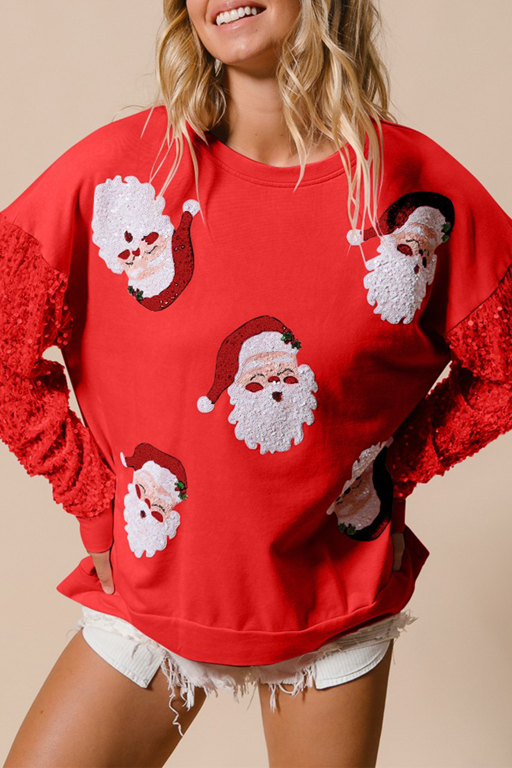 Fiery Red Sequined Santa Claus Long Sleeve Christmas Sweatshirt Sweatshirts & Hoodies JT's Designer Fashion