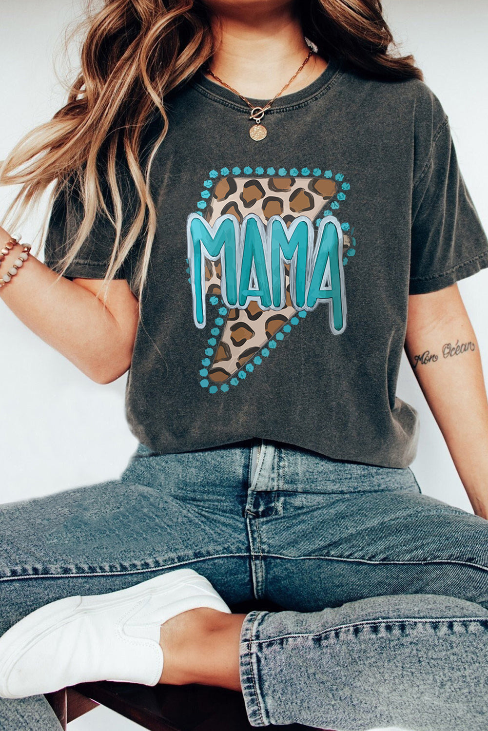 Black MAMA Leopard Lightning Western Print Crewneck T Shirt Graphic Tees JT's Designer Fashion