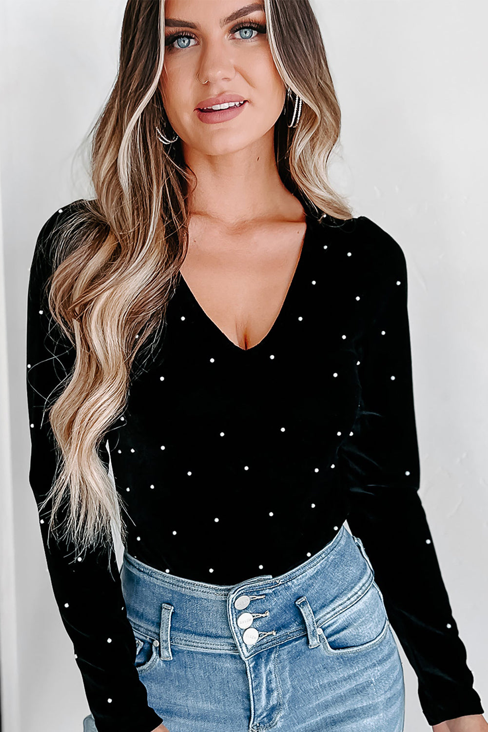 Black Velvet Beaded Long Sleeve V Neck Bodysuit Bodysuits JT's Designer Fashion