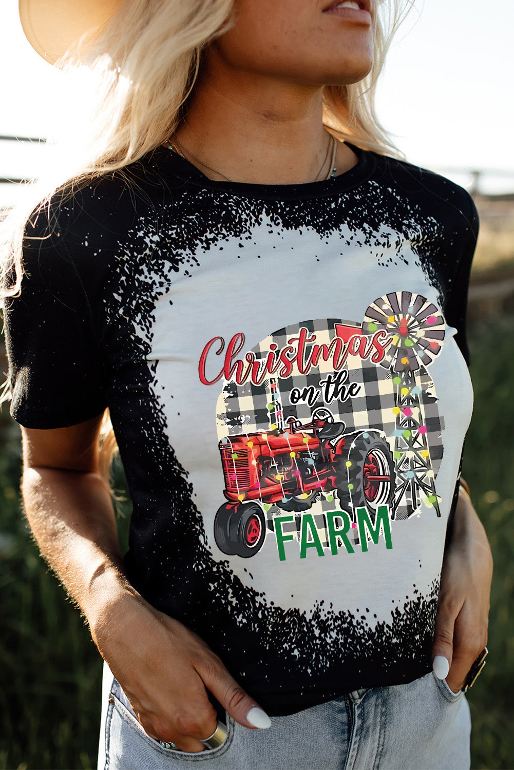 Black Christmas Farm Graphic Bleached T-shirt Graphic Tees JT's Designer Fashion