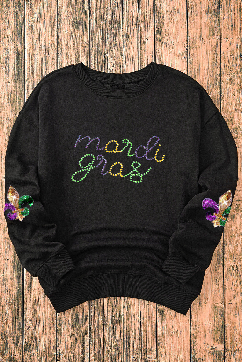 Black Ceramic Rhinestone mardi gras Letter Graphic Sweatshirt Graphic Sweatshirts JT's Designer Fashion