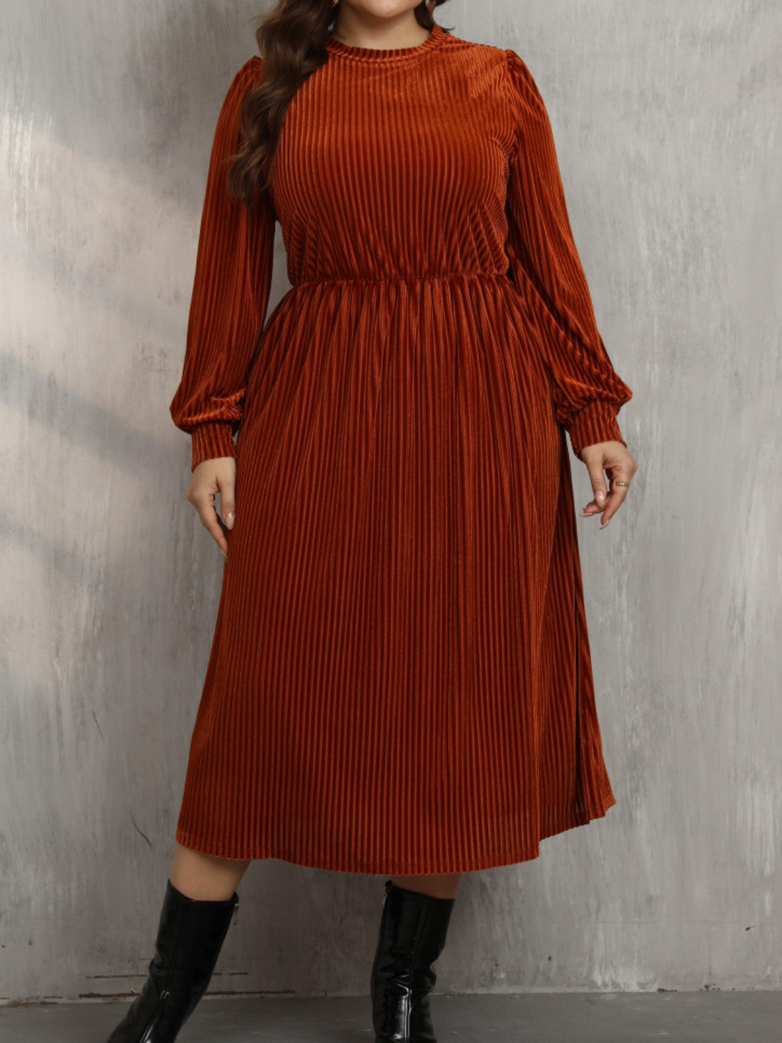 Plus Size Round Neck Long Sleeve Midi Dress Midi Dresses JT's Designer Fashion