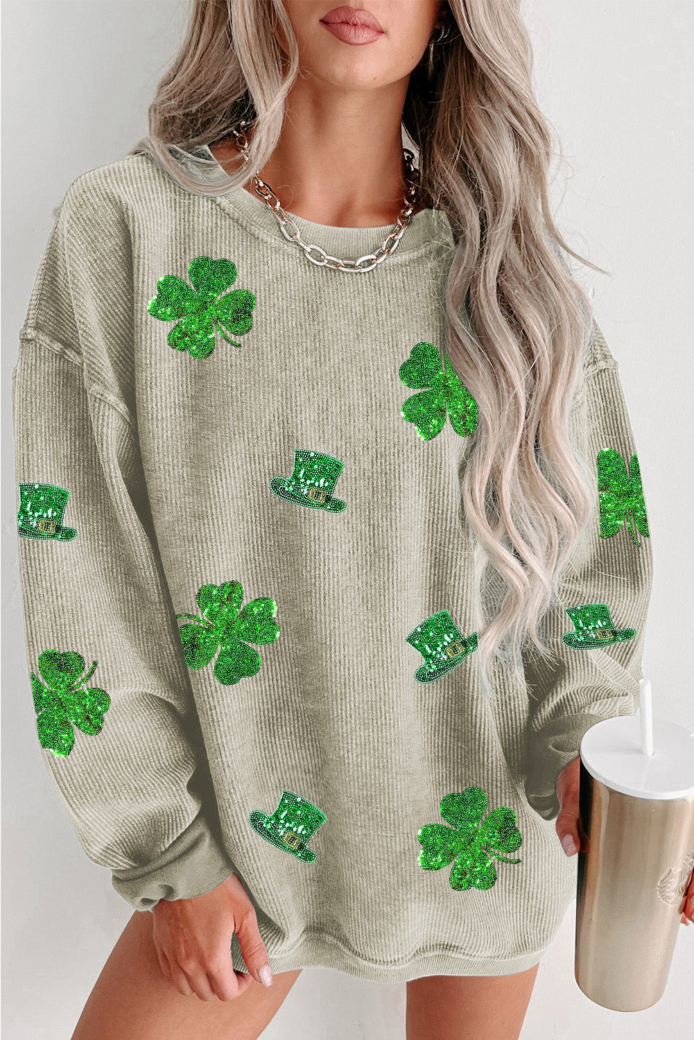 Green St. Patrick Sequined Graphic Corded Sweatshirt Green 100%Polyester Graphic Sweatshirts JT's Designer Fashion