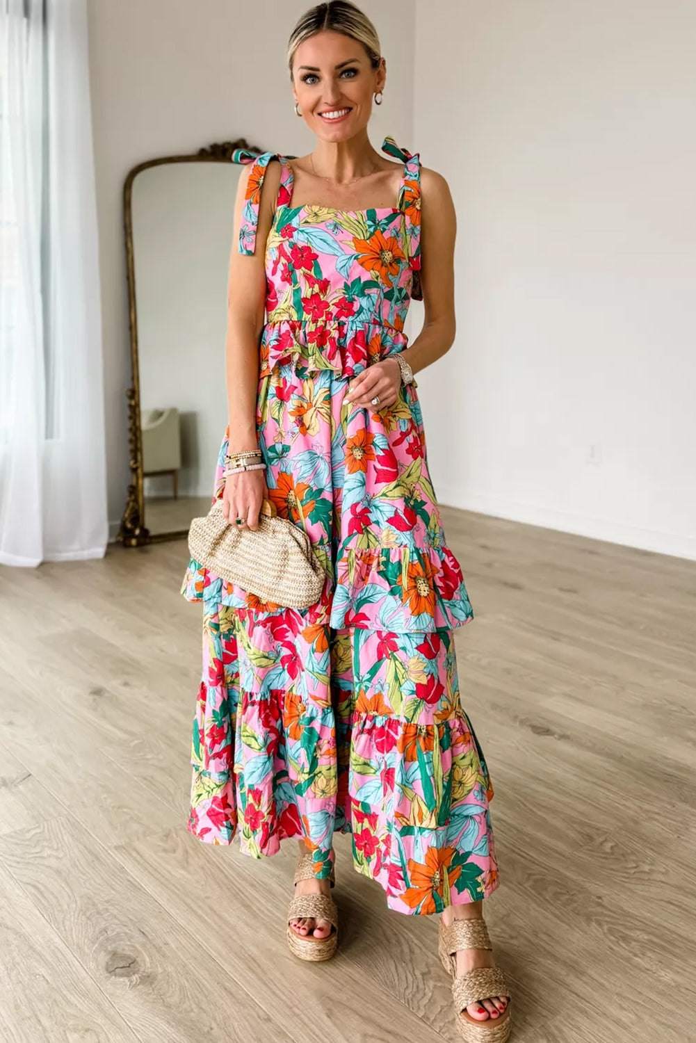 Multicolour Floral Print Shirred Backless Tiered Ruffled Maxi Dress Maxi Dresses JT's Designer Fashion