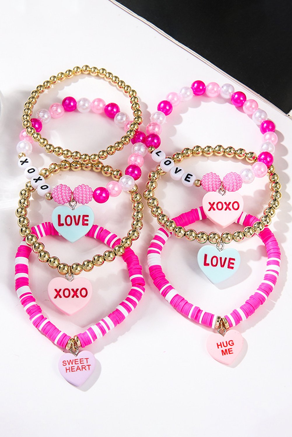 Bonbon Valentine Heart Pendant Beaded Elastic Bracelet Set Jewelry JT's Designer Fashion