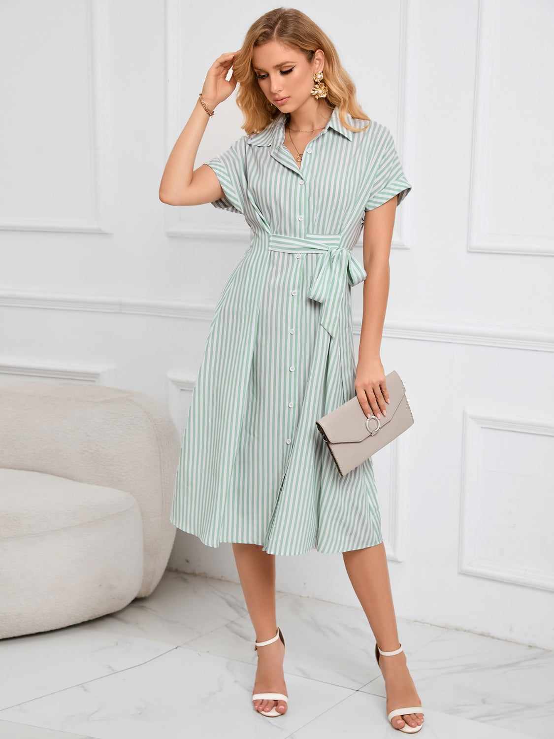 Striped Short Sleeve Tie Waist Midi Dress Midi Dresses JT's Designer Fashion