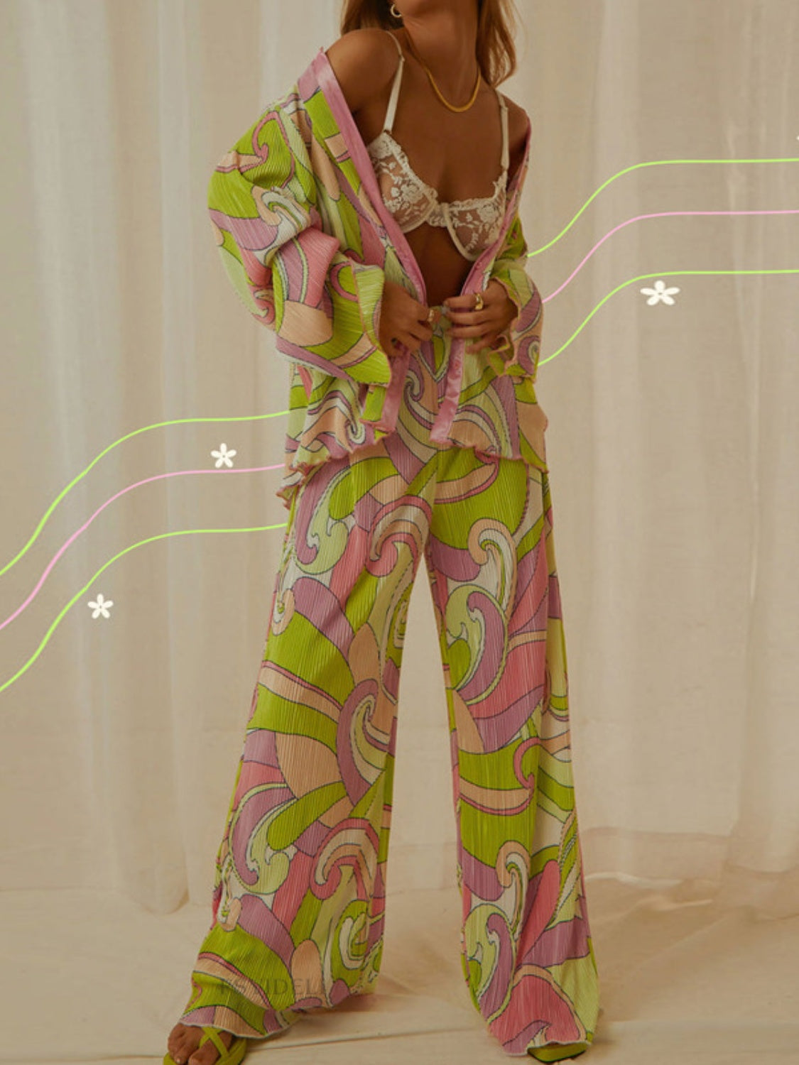 Printed Collared Neck Long Sleeve Top and Pants Lounge Set Sleepwear JT's Designer Fashion