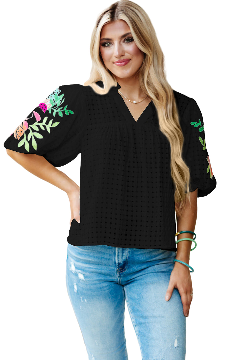 Black Floral Embroidered Puff Sleeve Notched Neck Blouse Pre Order Tops JT's Designer Fashion