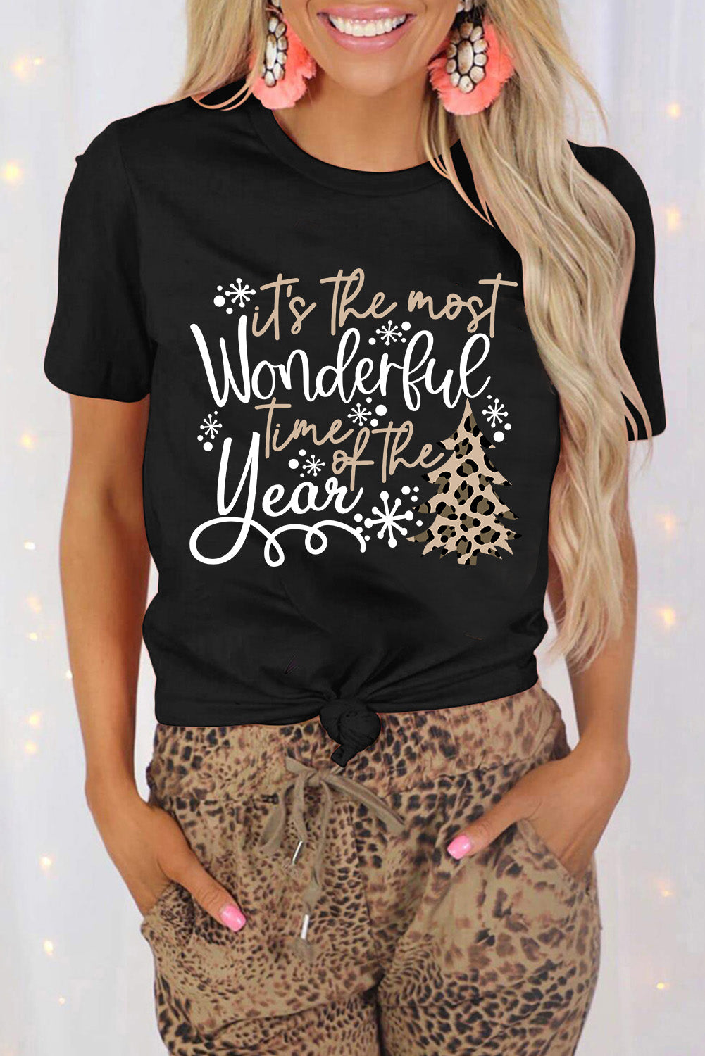 Black Wonderful Christmas Season Leopard Graphic Tee Graphic Tees JT's Designer Fashion