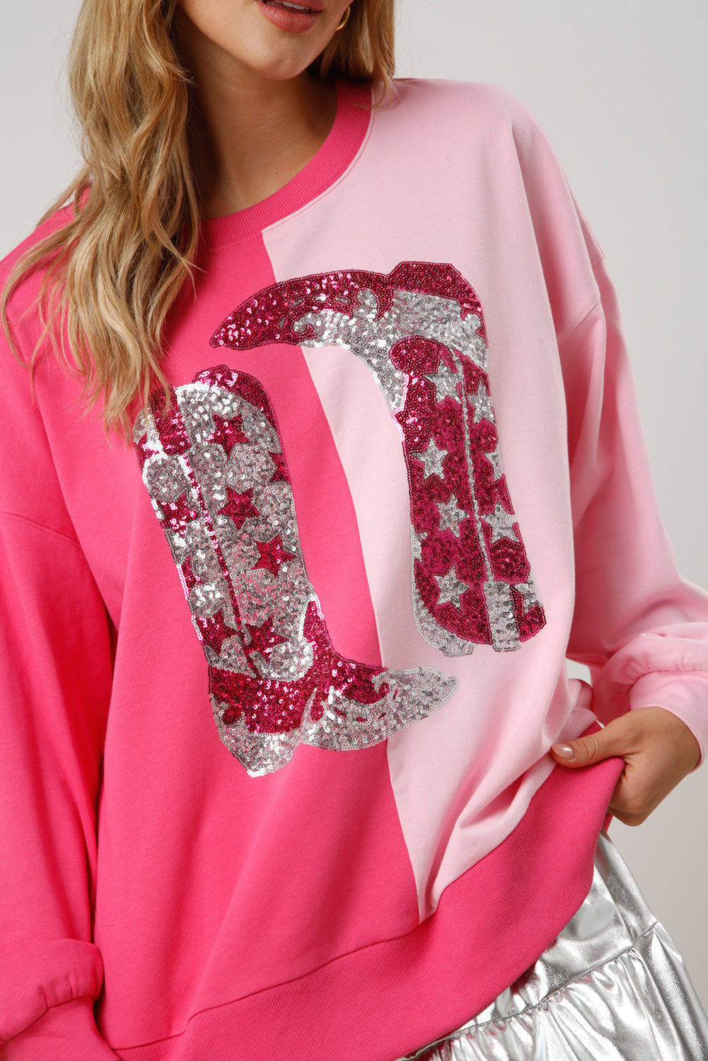 Pink Color Block Sequined Cowgirl Boots Graphic Sweatshirt Sweatshirts & Hoodies JT's Designer Fashion