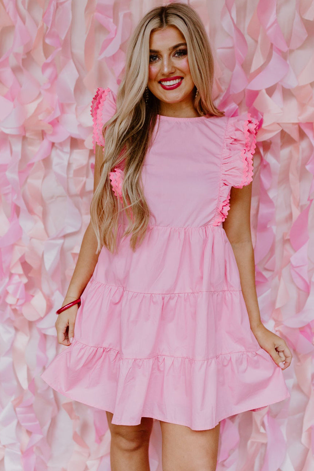 Pink Scalloped Flutter Sleeve Tiered Ruffled Mini Dress Dresses JT's Designer Fashion