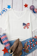 White Embroidered Stars Stripes Bowknot Logo Textured Knit T Shirt Graphic Tees JT's Designer Fashion