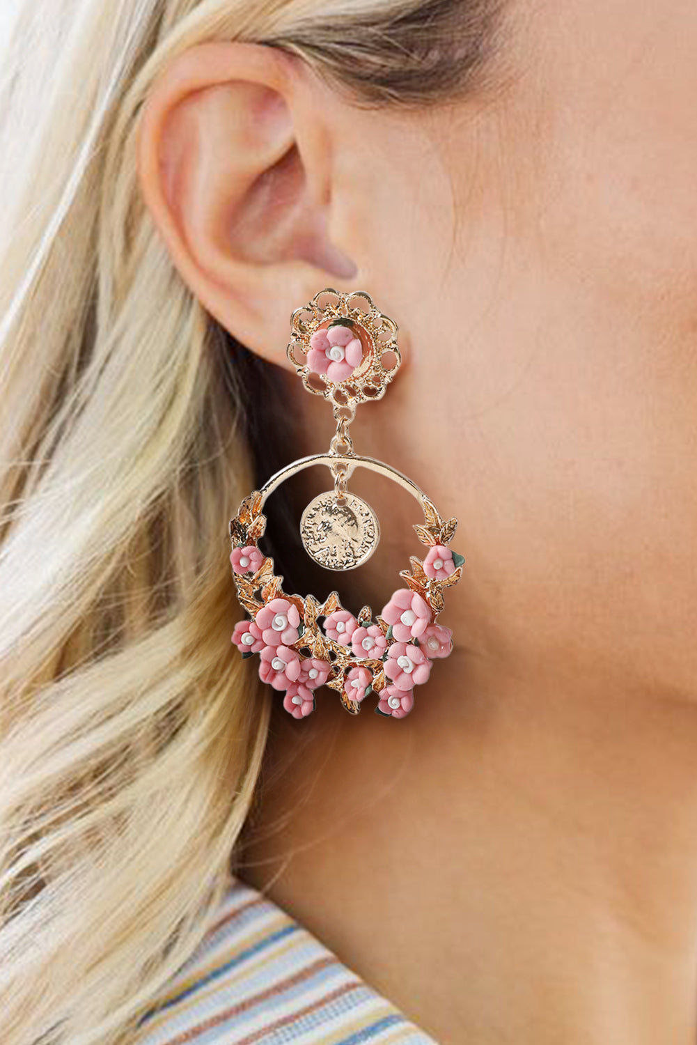 Pink Flower Decor Cut Out Stud Dangle Earrings Jewelry JT's Designer Fashion