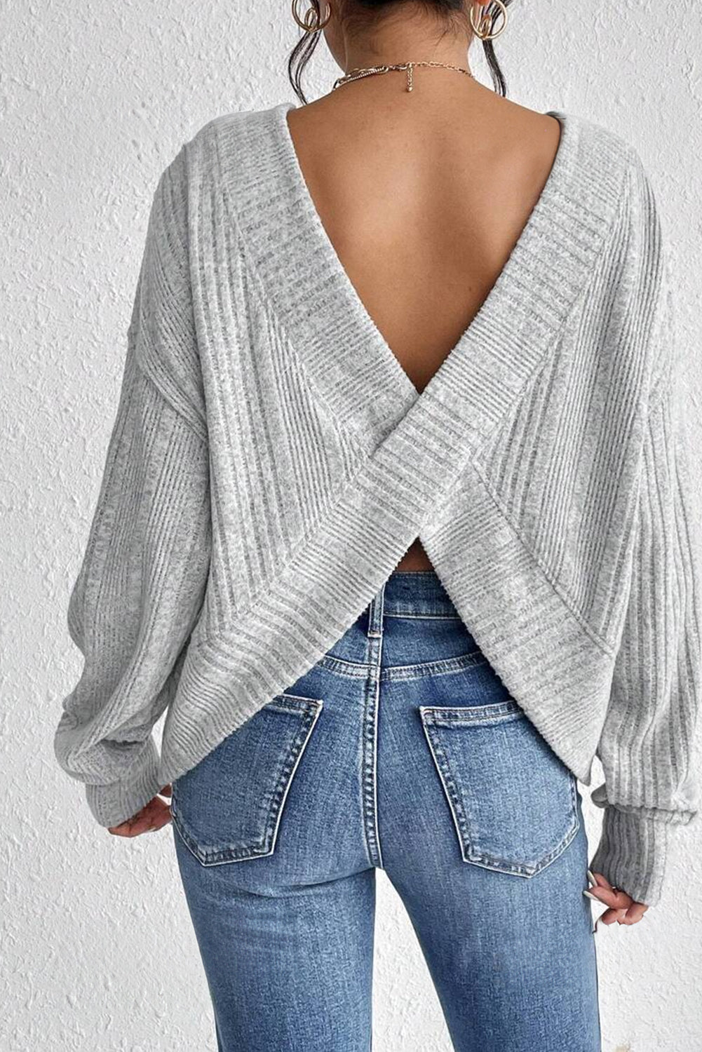 Light Grey Textured Crossover Backless Knit Long Sleeve Top Long Sleeve Tops JT's Designer Fashion