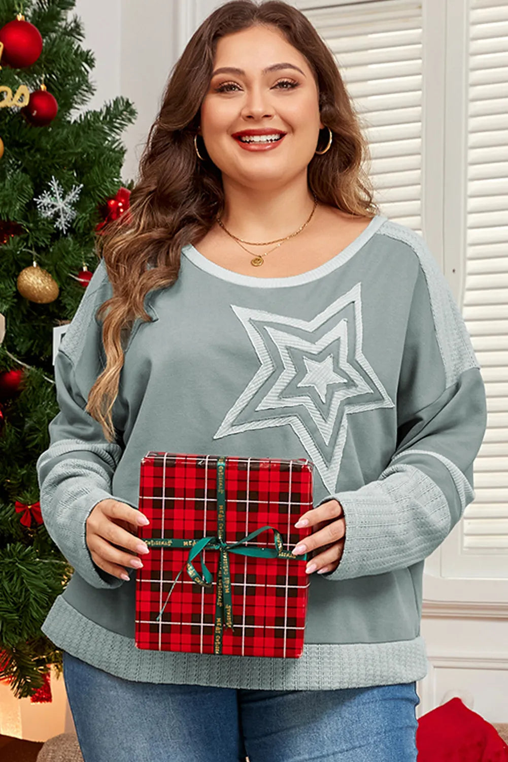 Plus Size Star Round Neck Long Sleeve Top Long Sleeve Tops JT's Designer Fashion