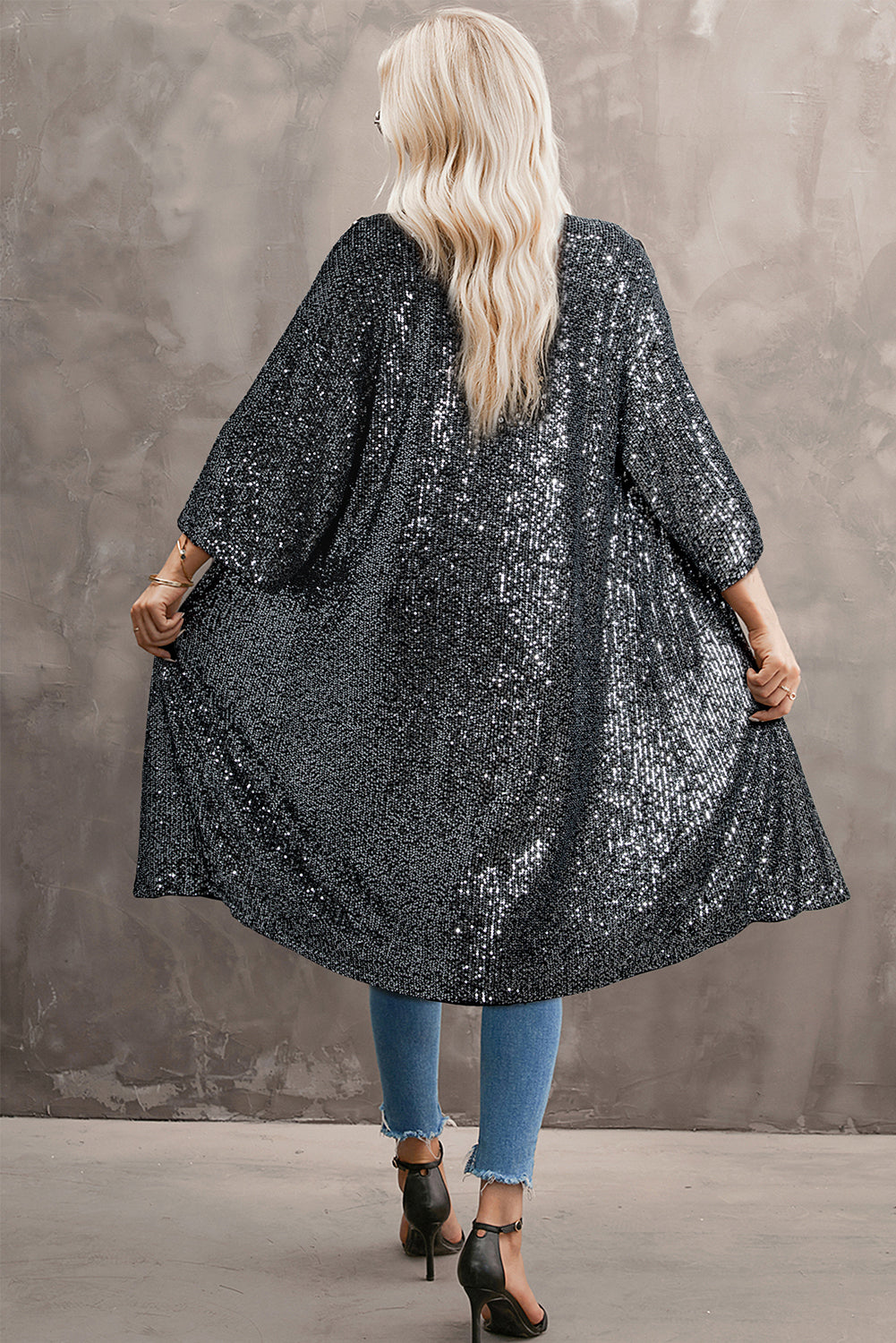 Silvery Sequin 3/4 Sleeve Kimono Kimonos JT's Designer Fashion