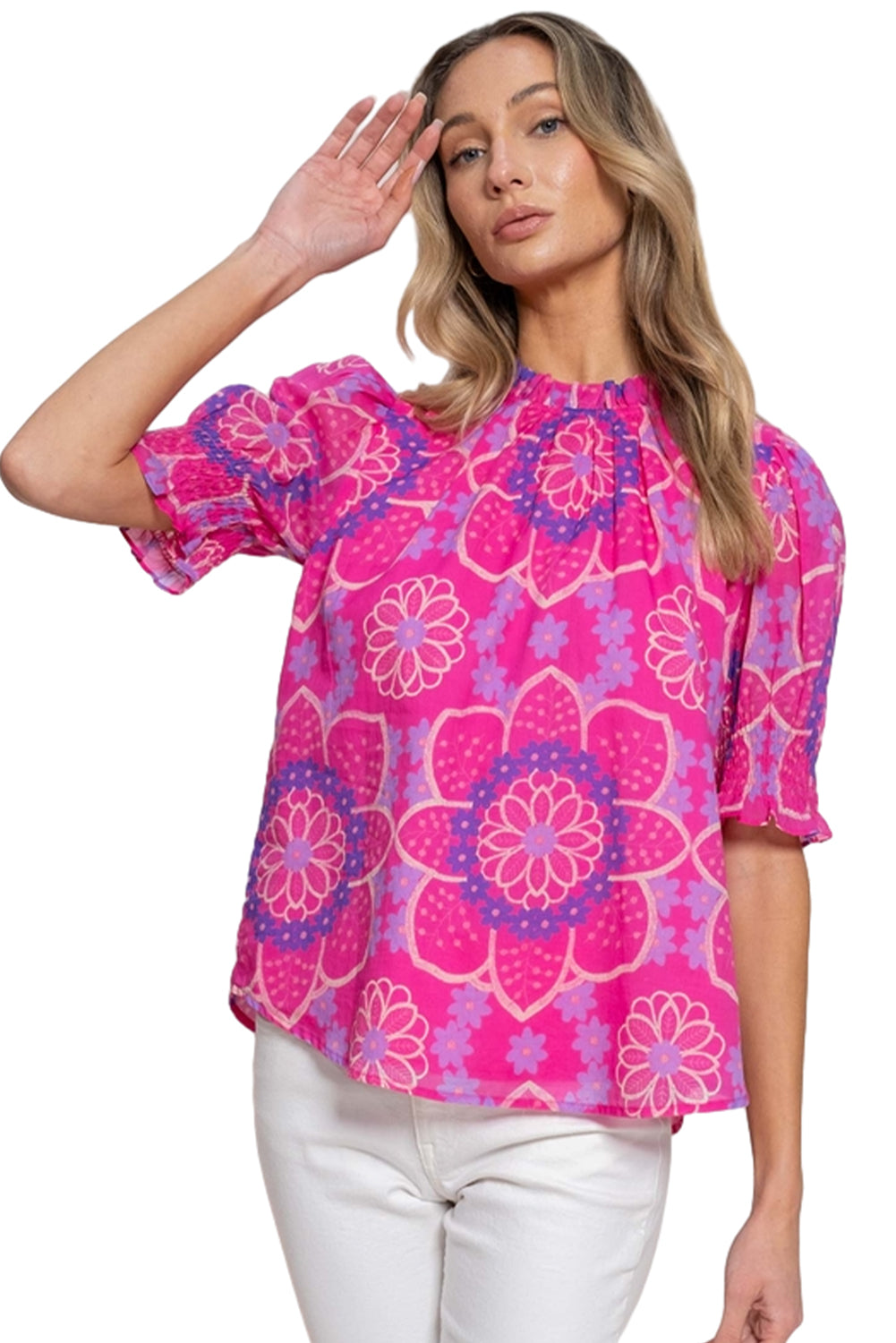 Rose Floral Print Frilled Neck Smocked Puff Sleeve Blouse Blouses & Shirts JT's Designer Fashion