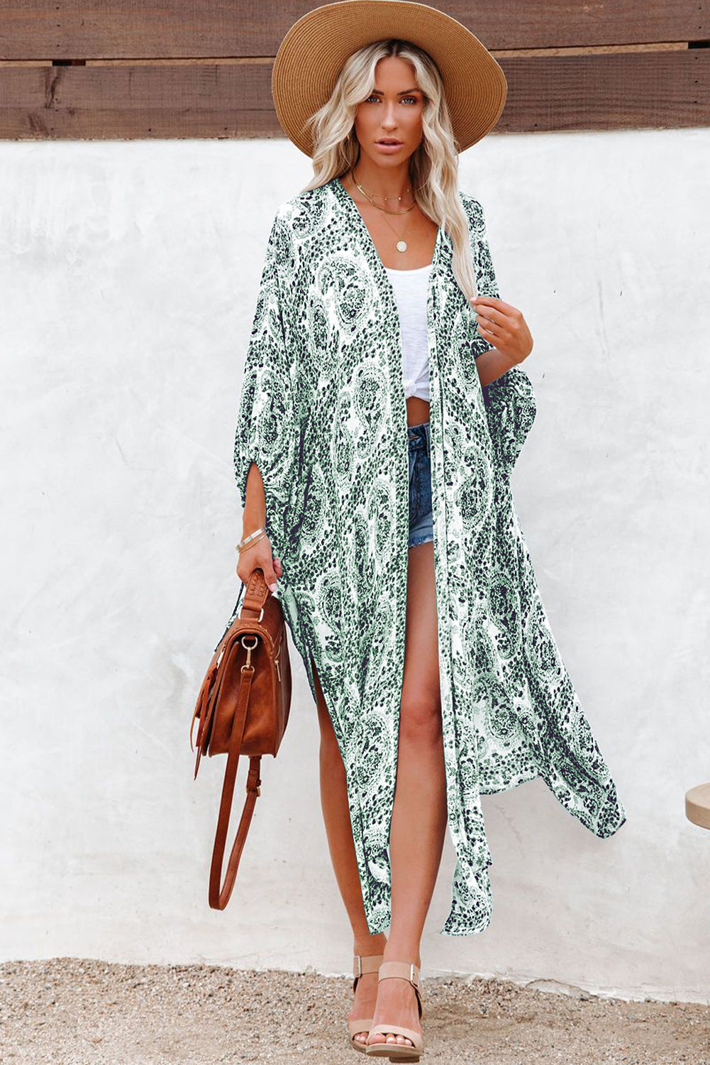 Green Dolman Sleeves Printed Kimono Kimonos JT's Designer Fashion