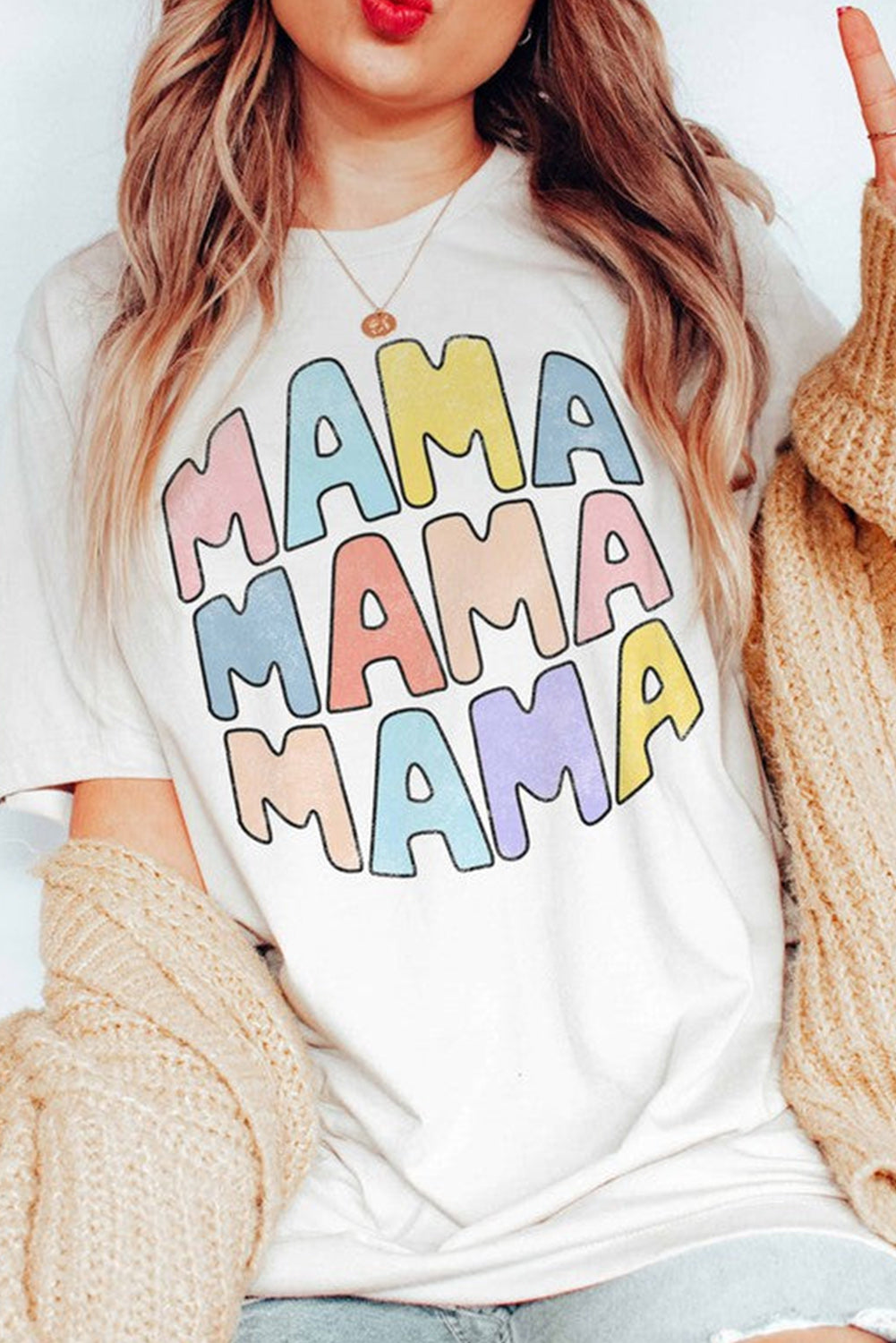 White MAMA Slogan Print Crew Neck Casual T Shirt Graphic Tees JT's Designer Fashion