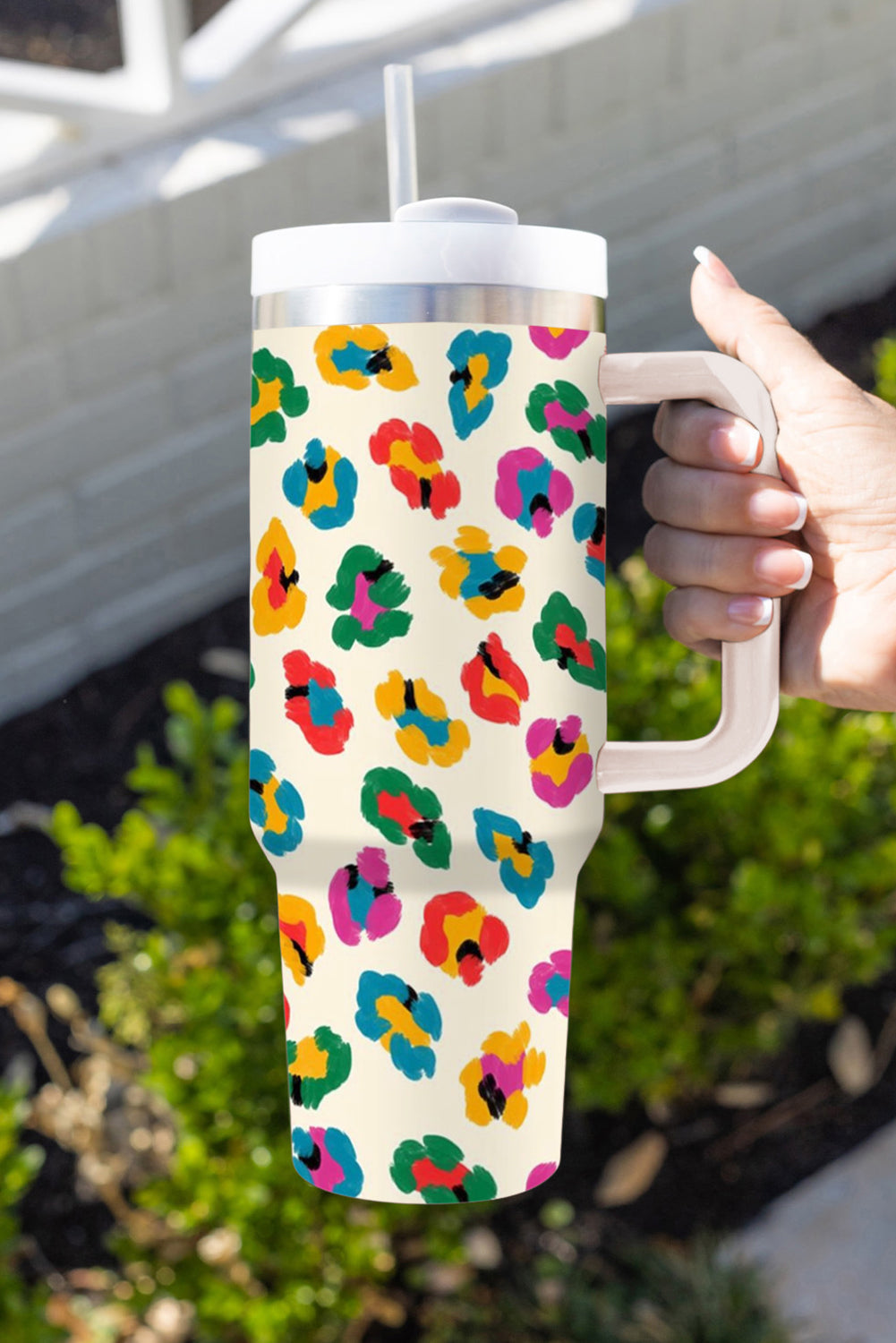 White Multi Color Leopard Print Handle Stainless Tumbler 40oz Tumblers JT's Designer Fashion