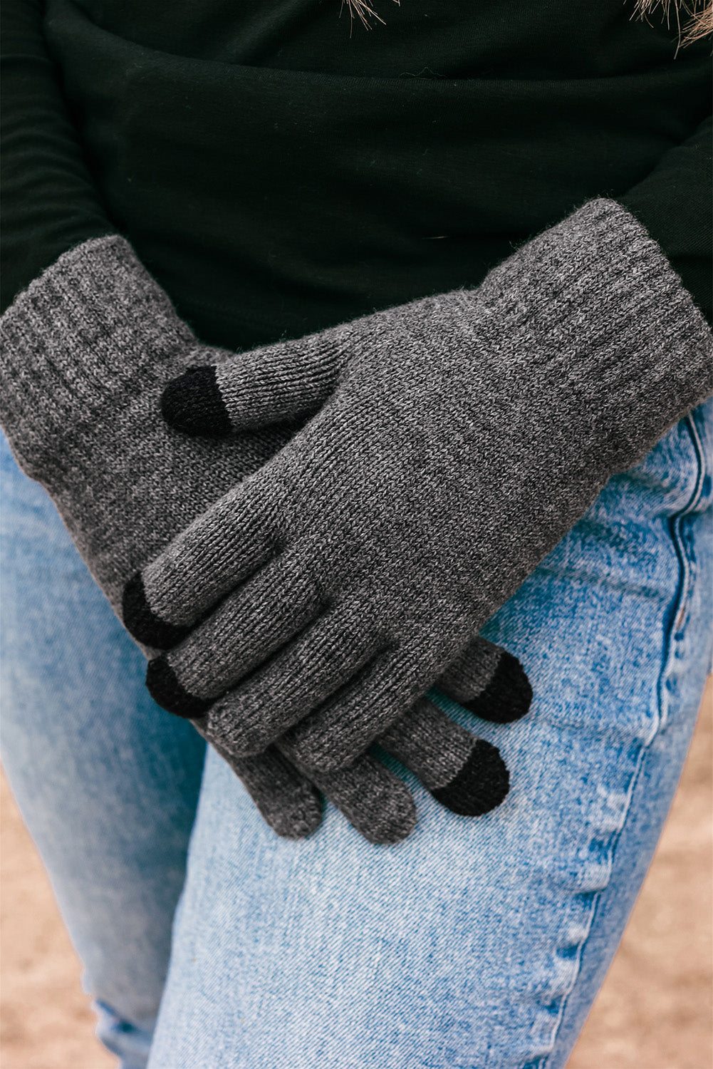 Gray Warm Furry Pompom Beanie with Telefingers Gloves Hats & Caps JT's Designer Fashion