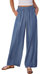 Sky Blue Side Pockets Frilled Smocked High Waist Wide Leg Jeans Bottoms JT's Designer Fashion