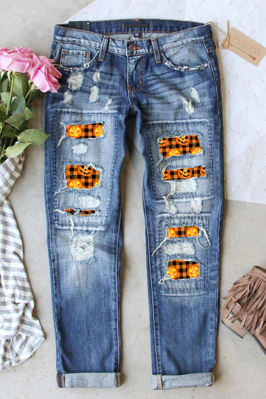 Sky Blue Distressed Checkered Pumpkin Face Patchwork Straight Jeans Graphic Pants JT's Designer Fashion