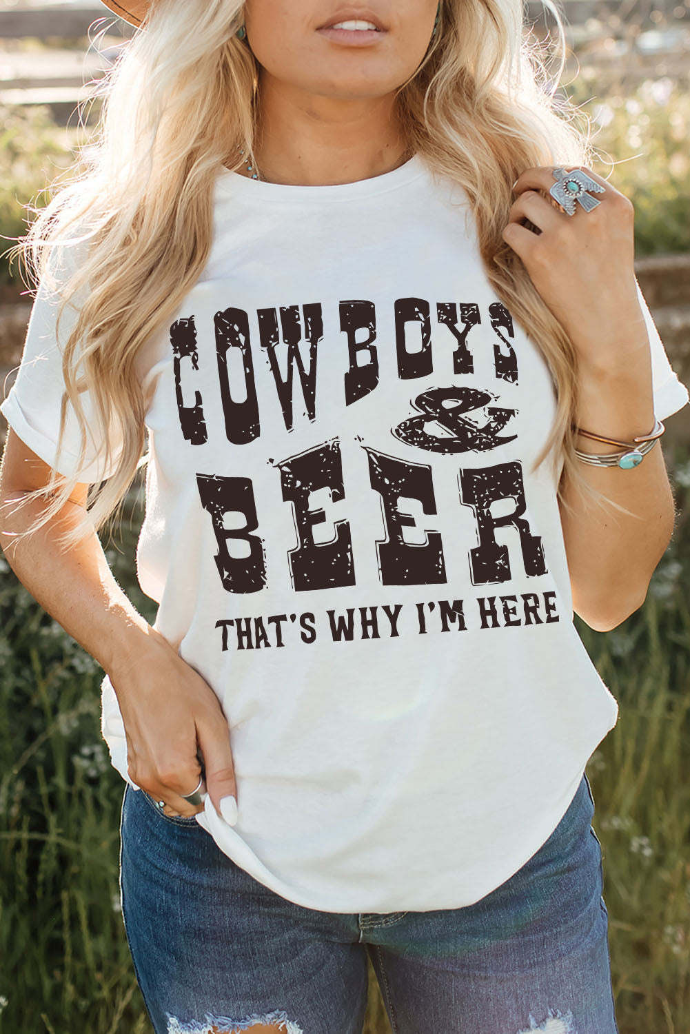 White COW BOYS & BEERS Graphic T-shirt Graphic Tees JT's Designer Fashion