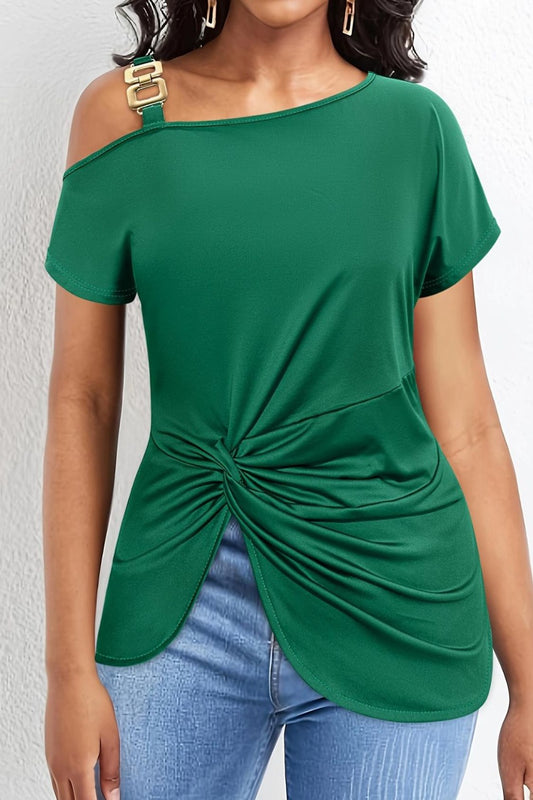 Plus Size Twisted Asymmetrical Neck Short Sleeve T-Shirt Dark Green Blouses & Shirts JT's Designer Fashion