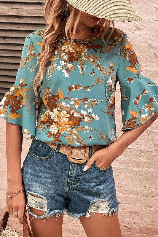 Mineral Blue Flare Sleeve Floral Blouse Blouses & Shirts JT's Designer Fashion