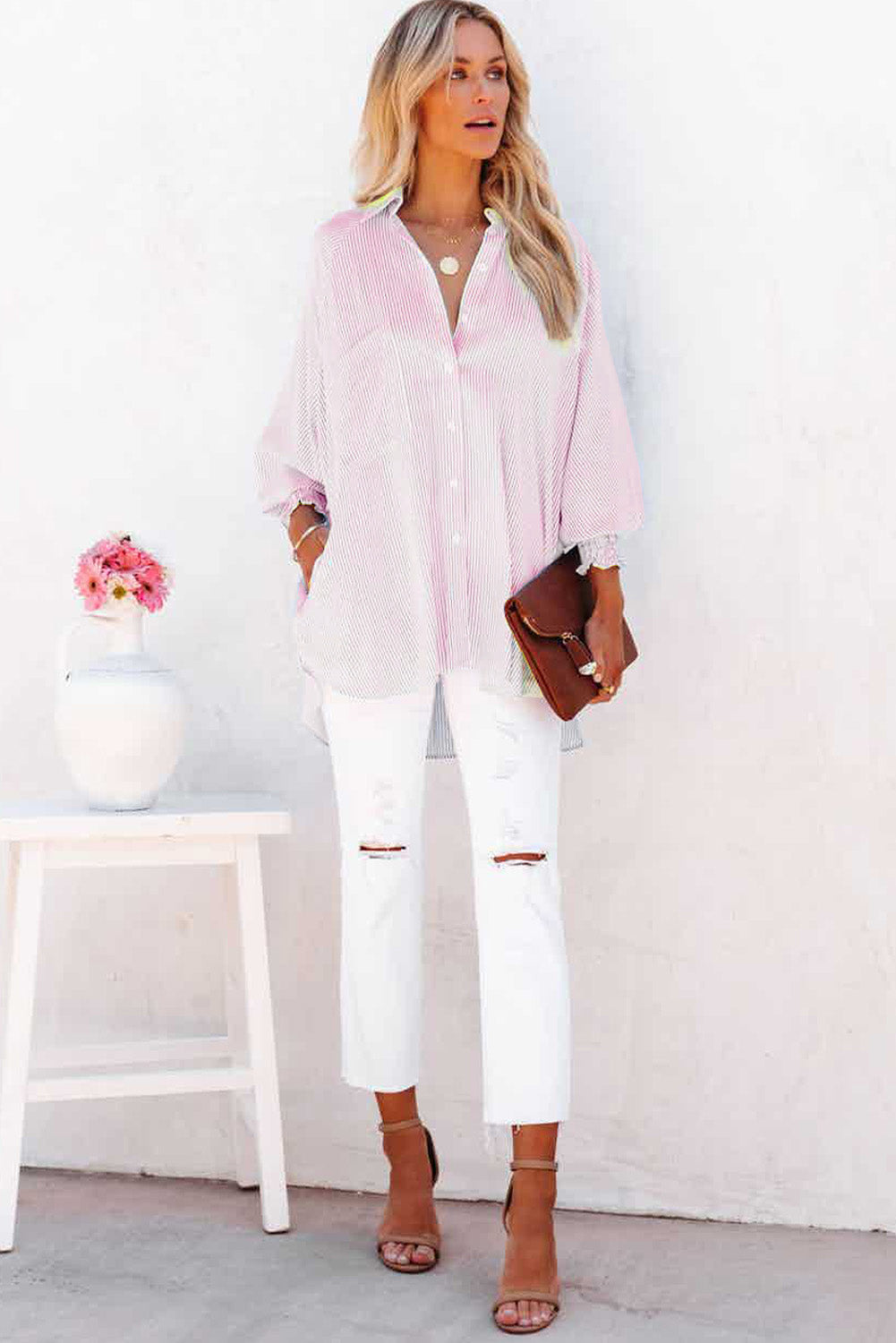 Pink Smocked Cuffed Striped Boyfriend Shirt with Pocket Blouses & Shirts JT's Designer Fashion