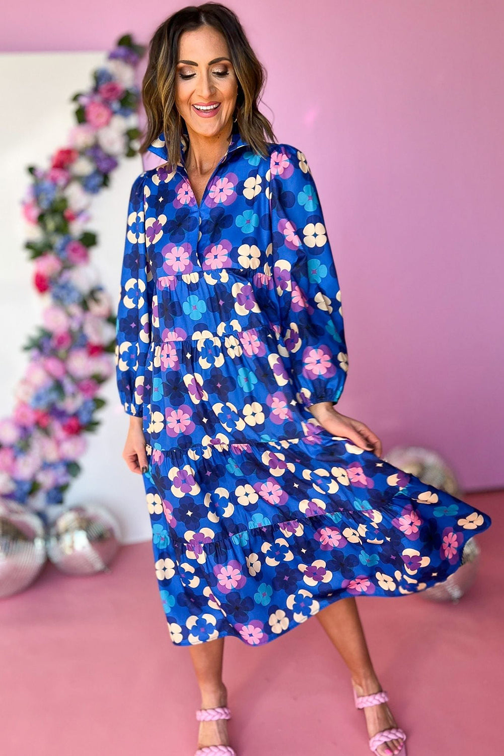 Blue Floral Peasant Sleeve Tiered Ruffle Midi Dress Midi Dresses JT's Designer Fashion