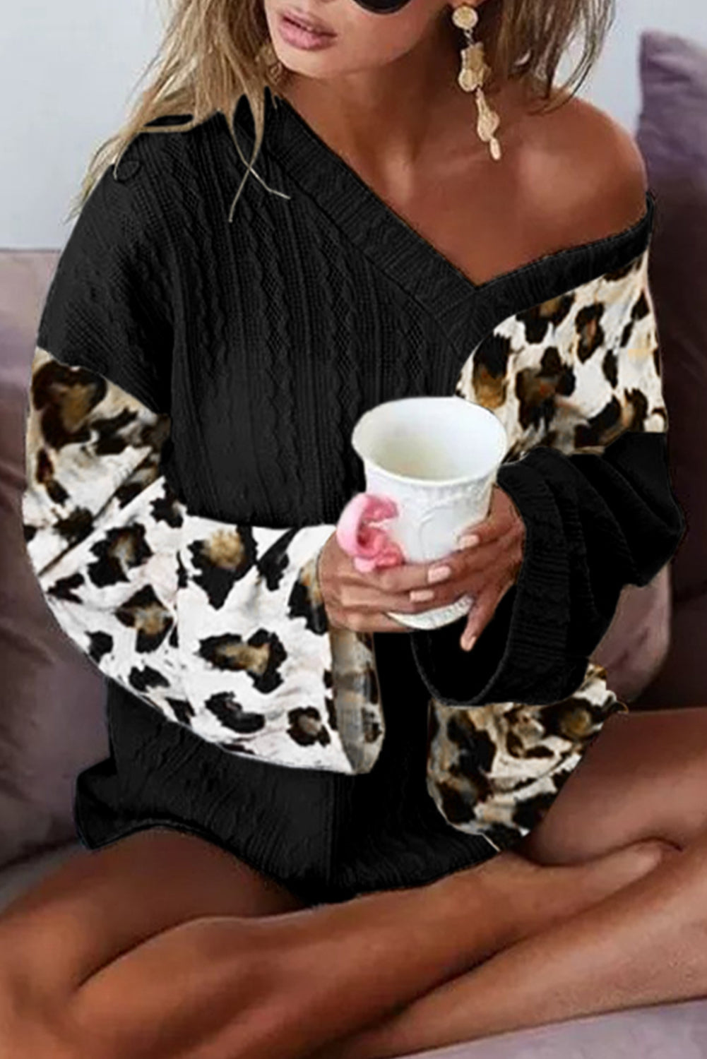 Black Asymmetric Leopard Patchwork Wide Sleeve V Neck Sweater Sweaters & Cardigans JT's Designer Fashion