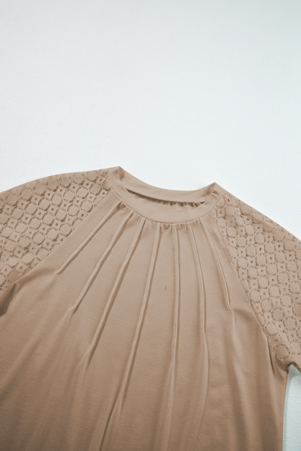 Pale Khaki Seamed Detail Contrast Lace Raglan Sleeve Tee Pre Order Tops JT's Designer Fashion