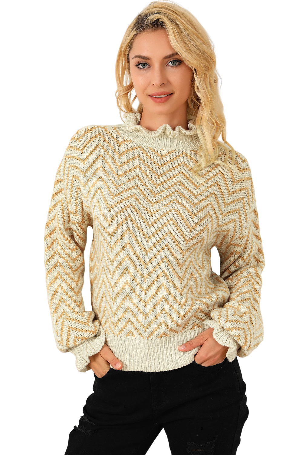 Khaki Chevron Striped High Neck Drop Shoulder Sweater Sweaters & Cardigans JT's Designer Fashion