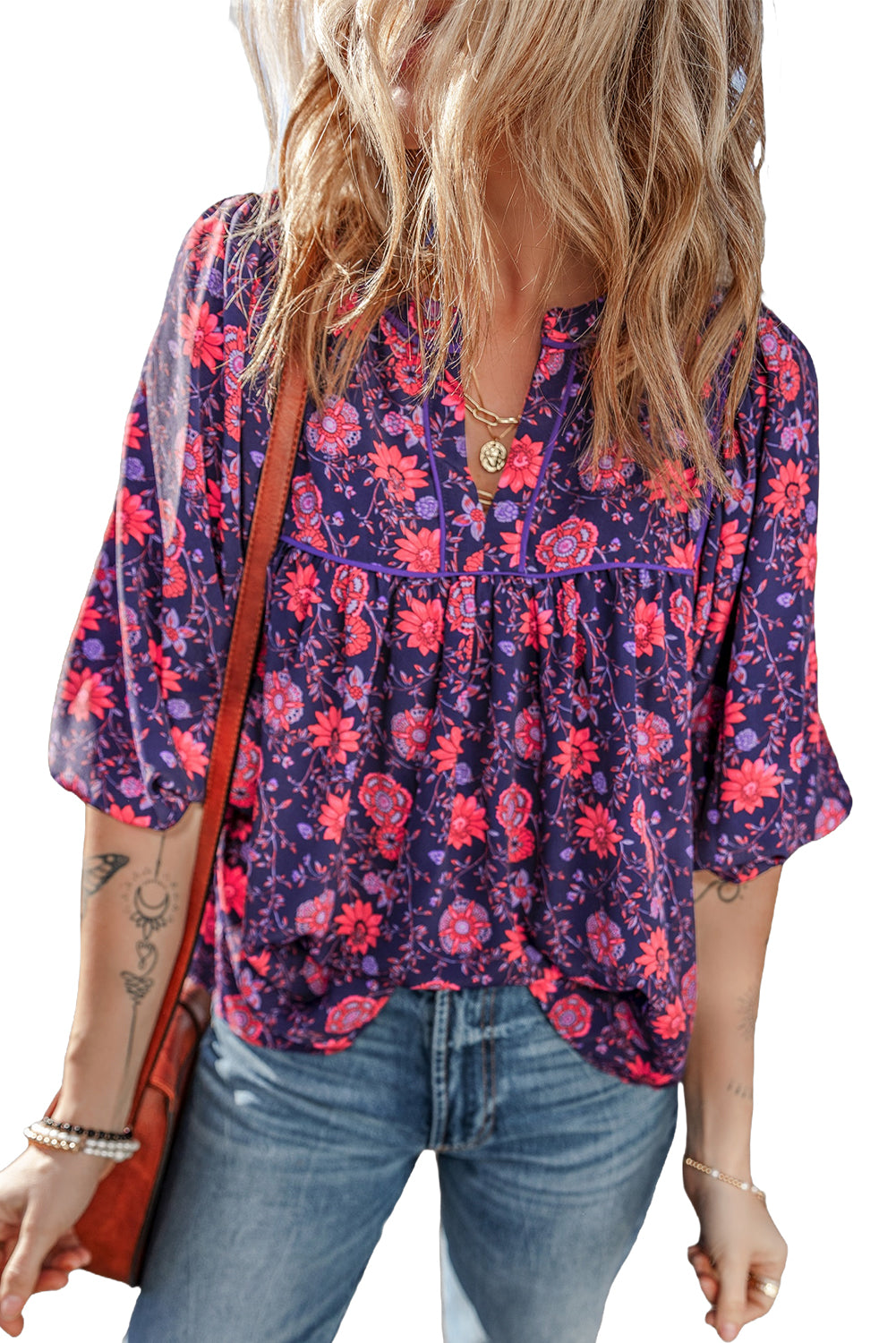 Purple Floral Half Sleeve Split Neck Blouse Top Blouses & Shirts JT's Designer Fashion