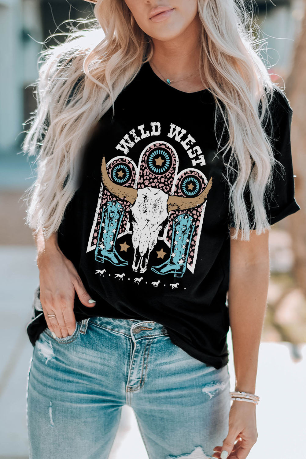 Black WILD WEST Steer Skull Graphic T Shirt Graphic Tees JT's Designer Fashion