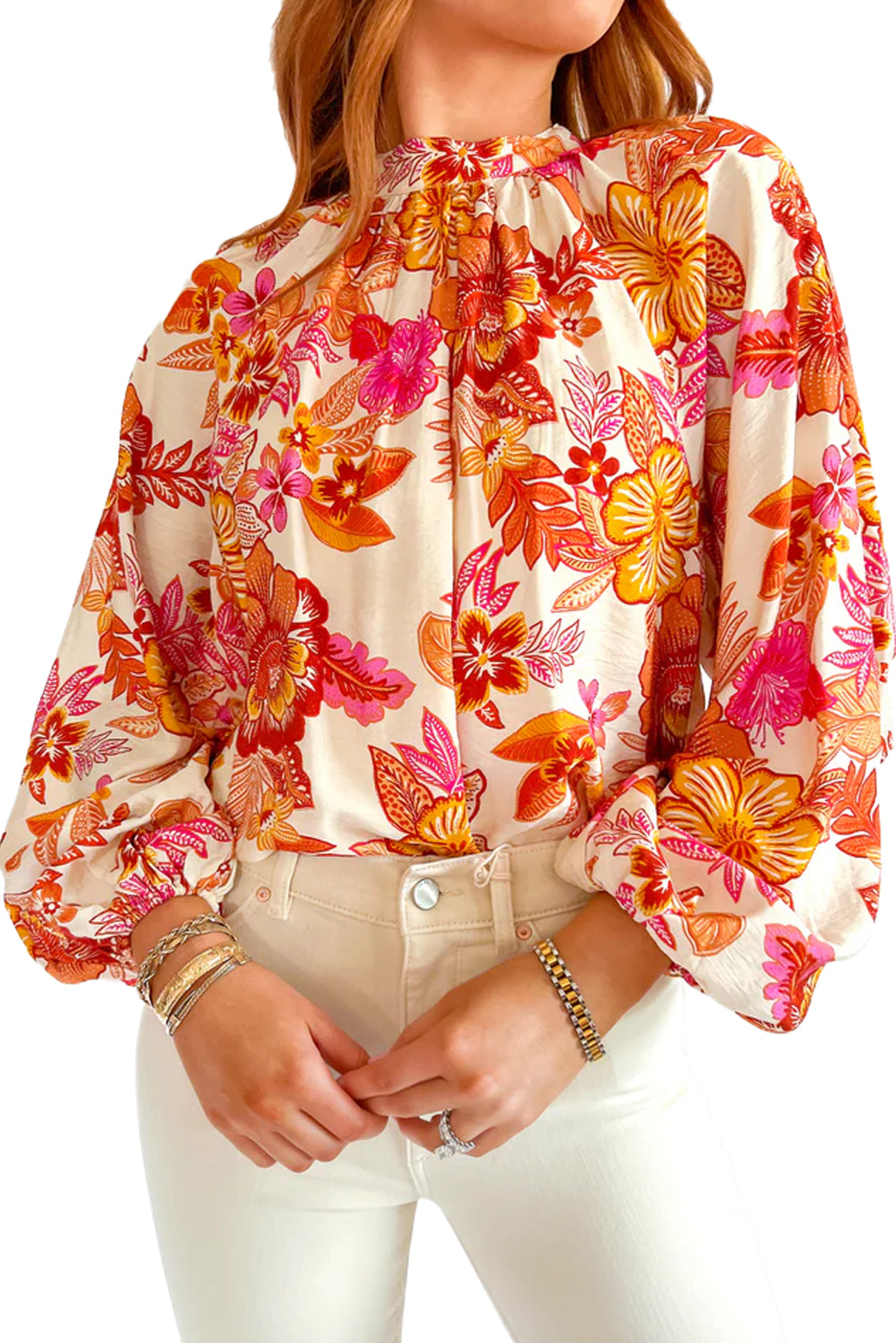 Orange Floral Print Pearl Button Keyhole Long Puff Sleeve Blouse Blouses & Shirts JT's Designer Fashion