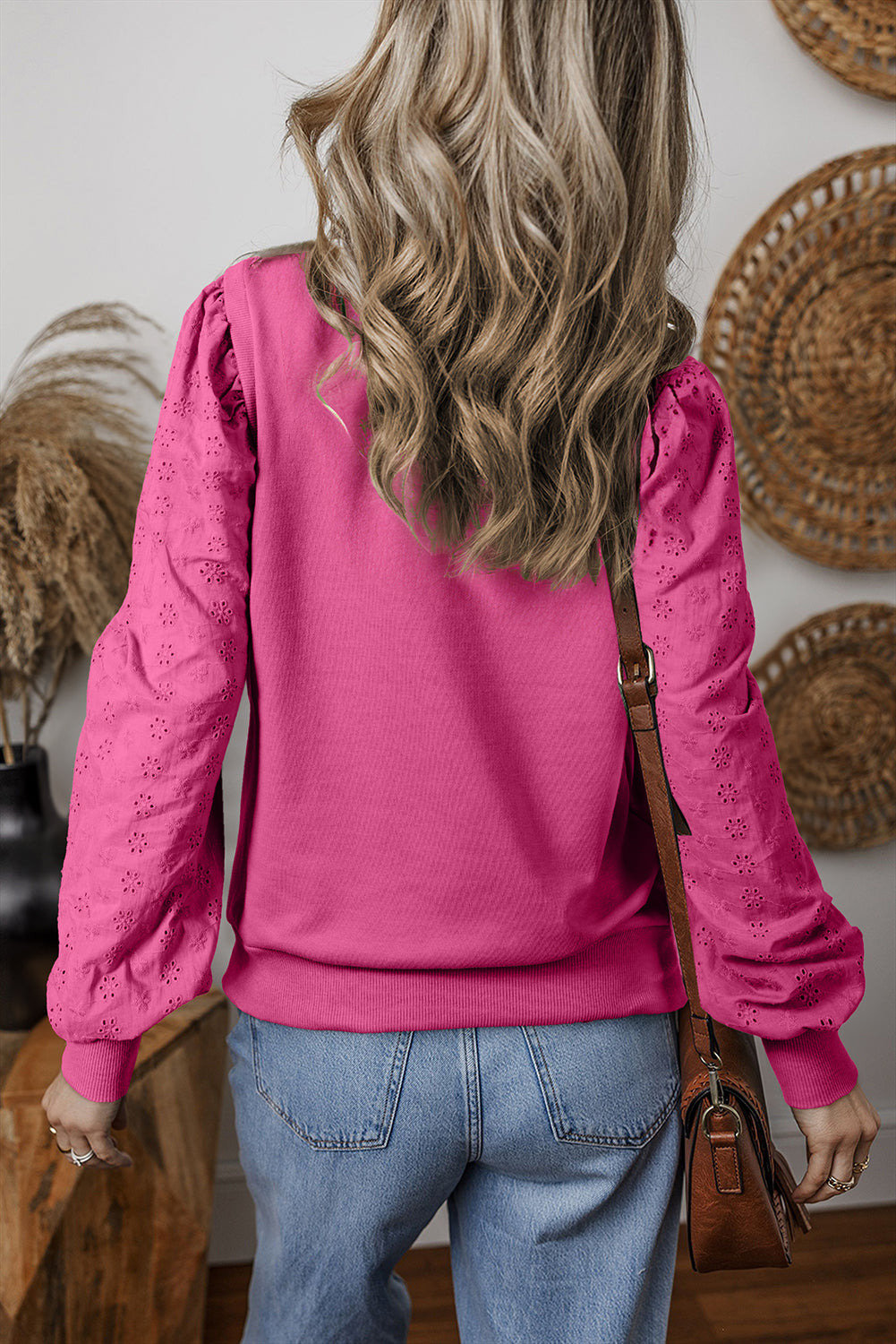 Bright Pink Textured Patchwork Round Neck Sweatshirt Sweatshirts & Hoodies JT's Designer Fashion