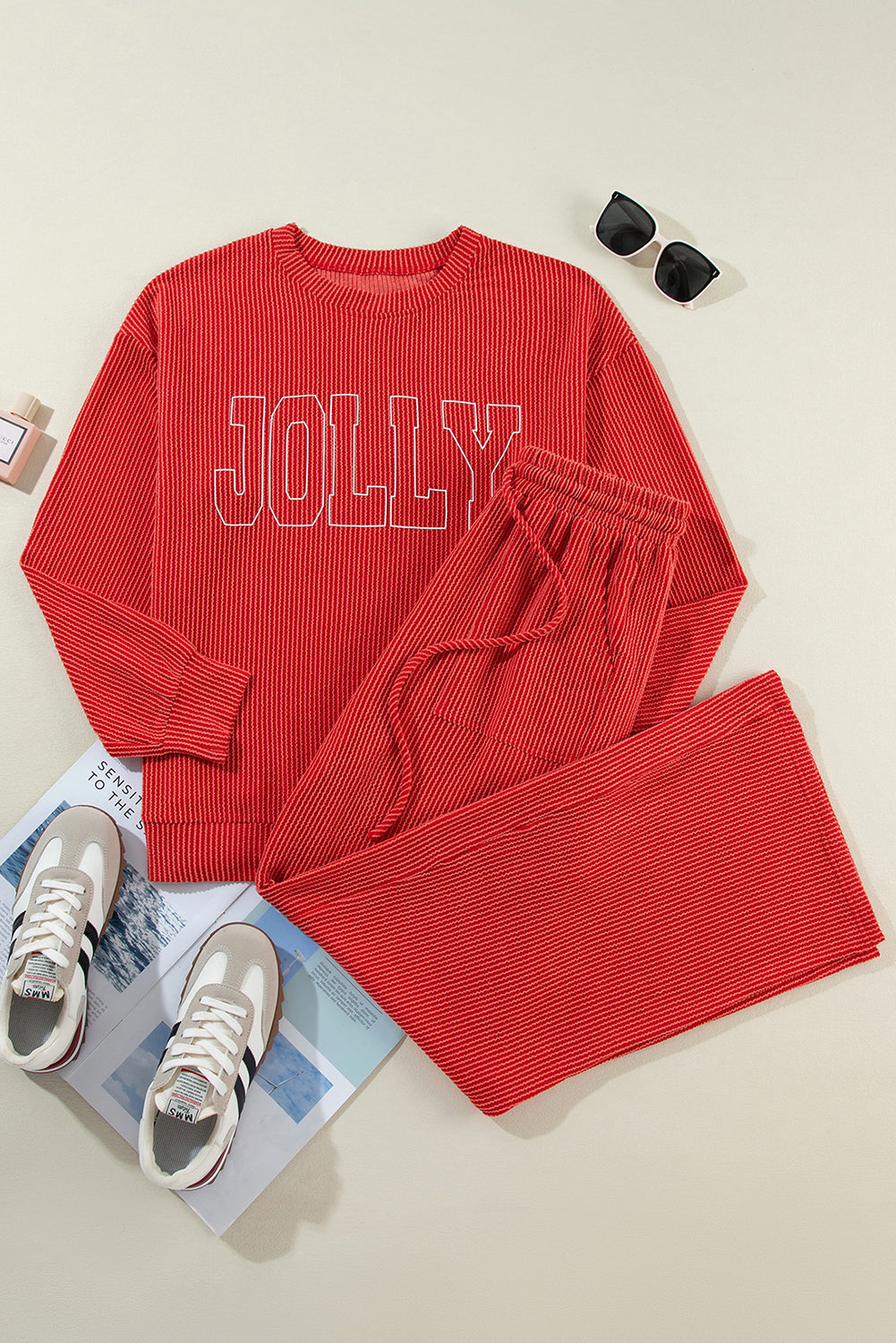 Fiery Red JOLLY Corded Long Sleeve Top and Pockets Pants Set Pant Sets JT's Designer Fashion