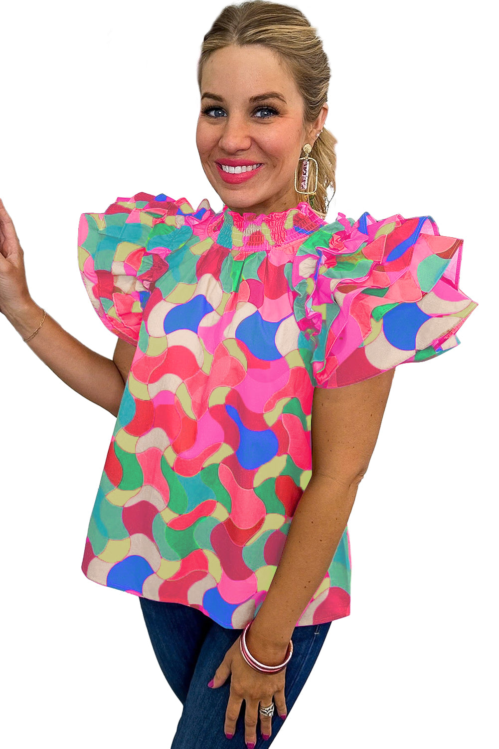 Pink Dramatic Ruffle Sleeve Smock Neck Wavy Print Top Tops & Tees JT's Designer Fashion