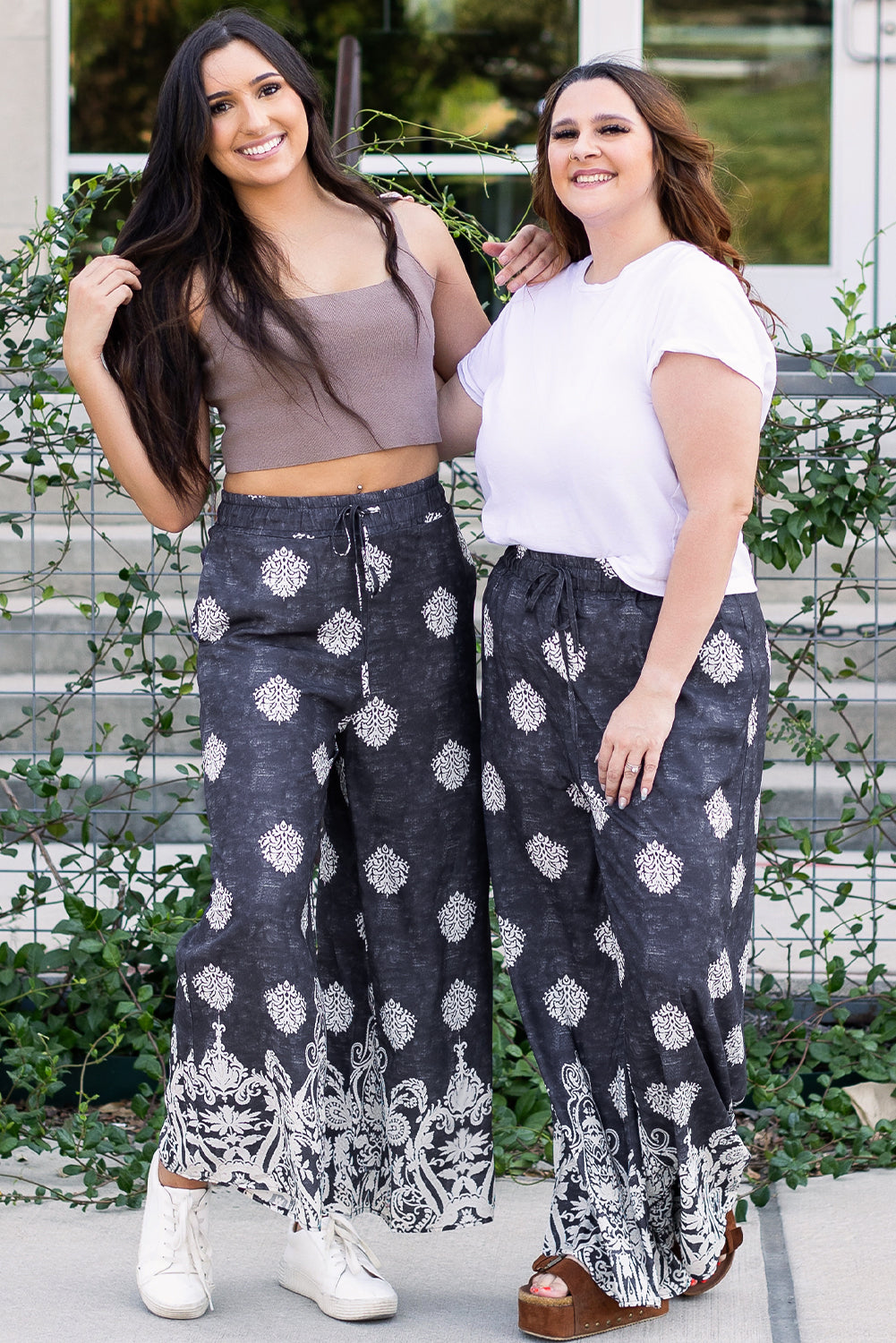 Black Bohemian Printed Drawstring Waist Wide Leg Pants Pants & Culotte JT's Designer Fashion