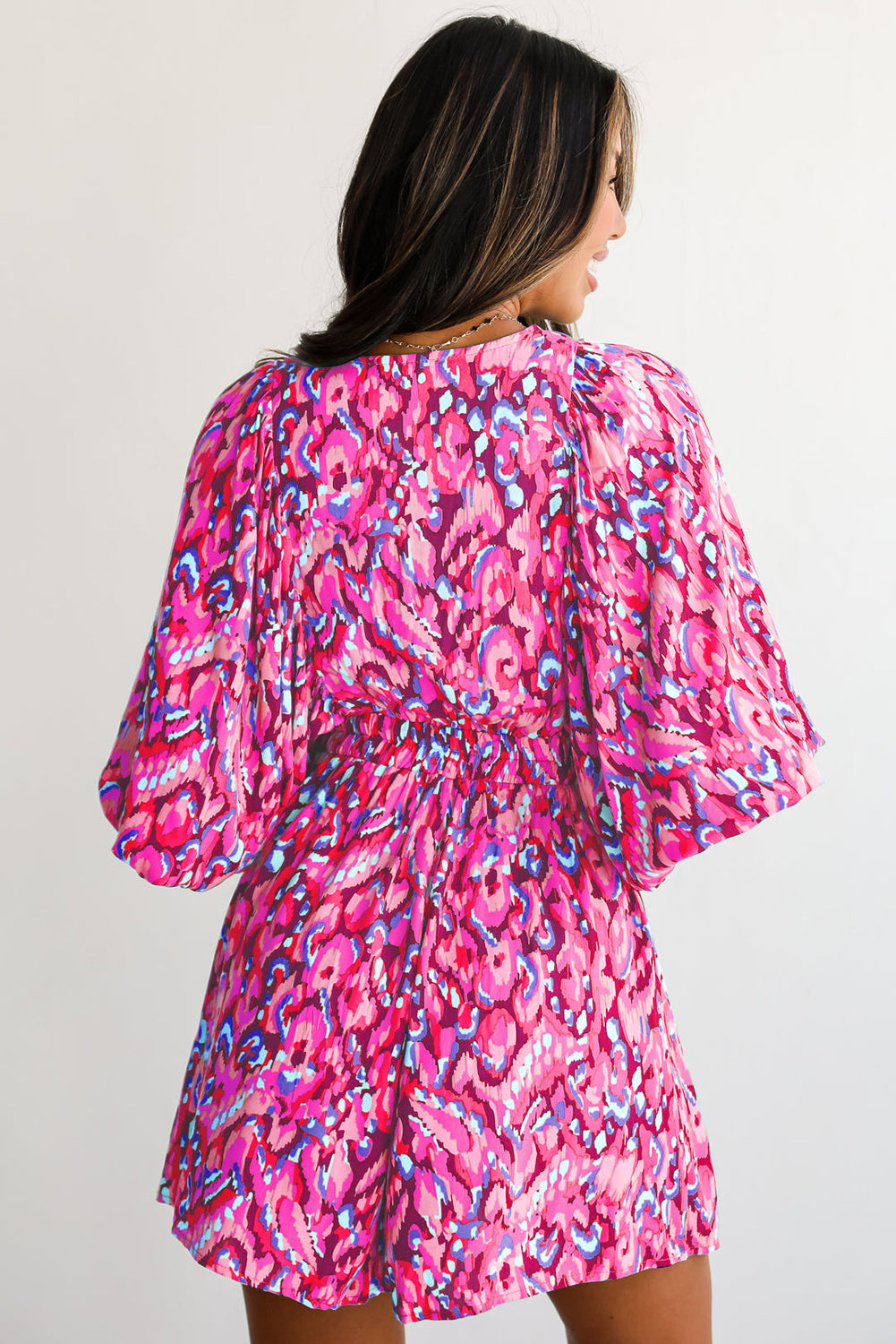 Pink Abstract Print Puff Sleeve V Neck High Waist Romper Jumpsuits & Rompers JT's Designer Fashion