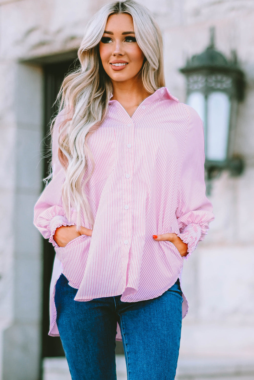 Pink Smocked Cuffed Striped Boyfriend Shirt with Pocket Blouses & Shirts JT's Designer Fashion